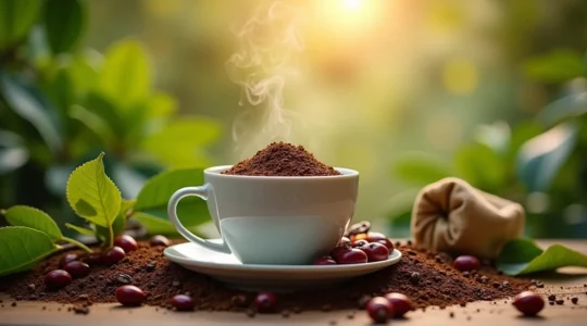 Illustration d'une tasse de café bio entourée d'éléments naturels et agricoles symbolisant durabilité et respect de la planète