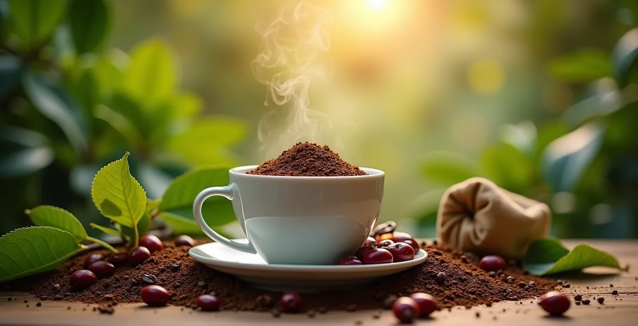 Illustration d'une tasse de café bio entourée d'éléments naturels et agricoles symbolisant durabilité et respect de la planète