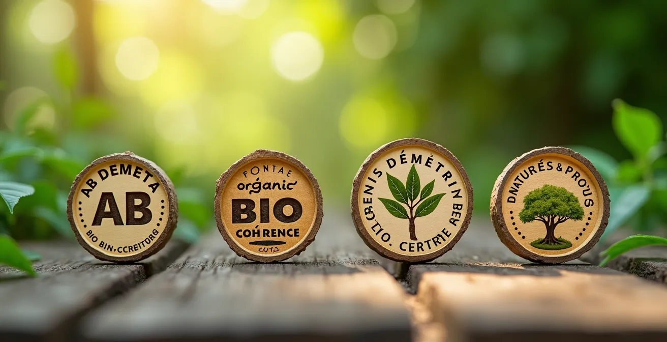 Illustration conceptuelle des logos de labels bio principaux symbolisant leur contrôle rigoureux et leur fonctionnement