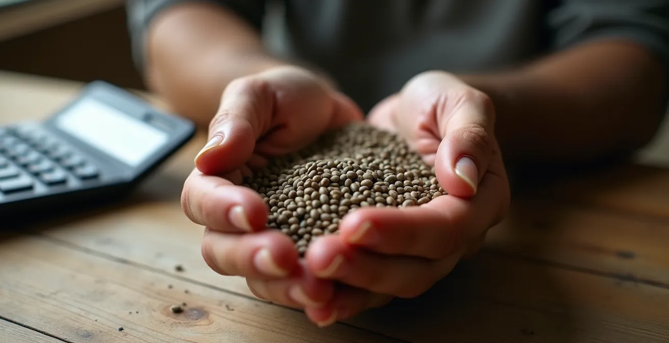 Gros plan sur des mains d'agriculteur manipulant des graines bio avec calculatrice et documents financiers flous en arrière-plan