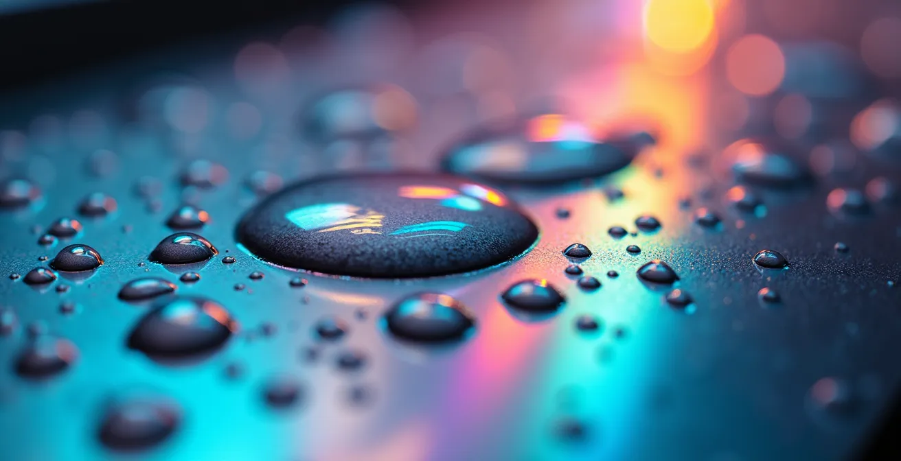 Vue macro de gouttelettes de biocarburant sur surface métallique avec reflets irisés