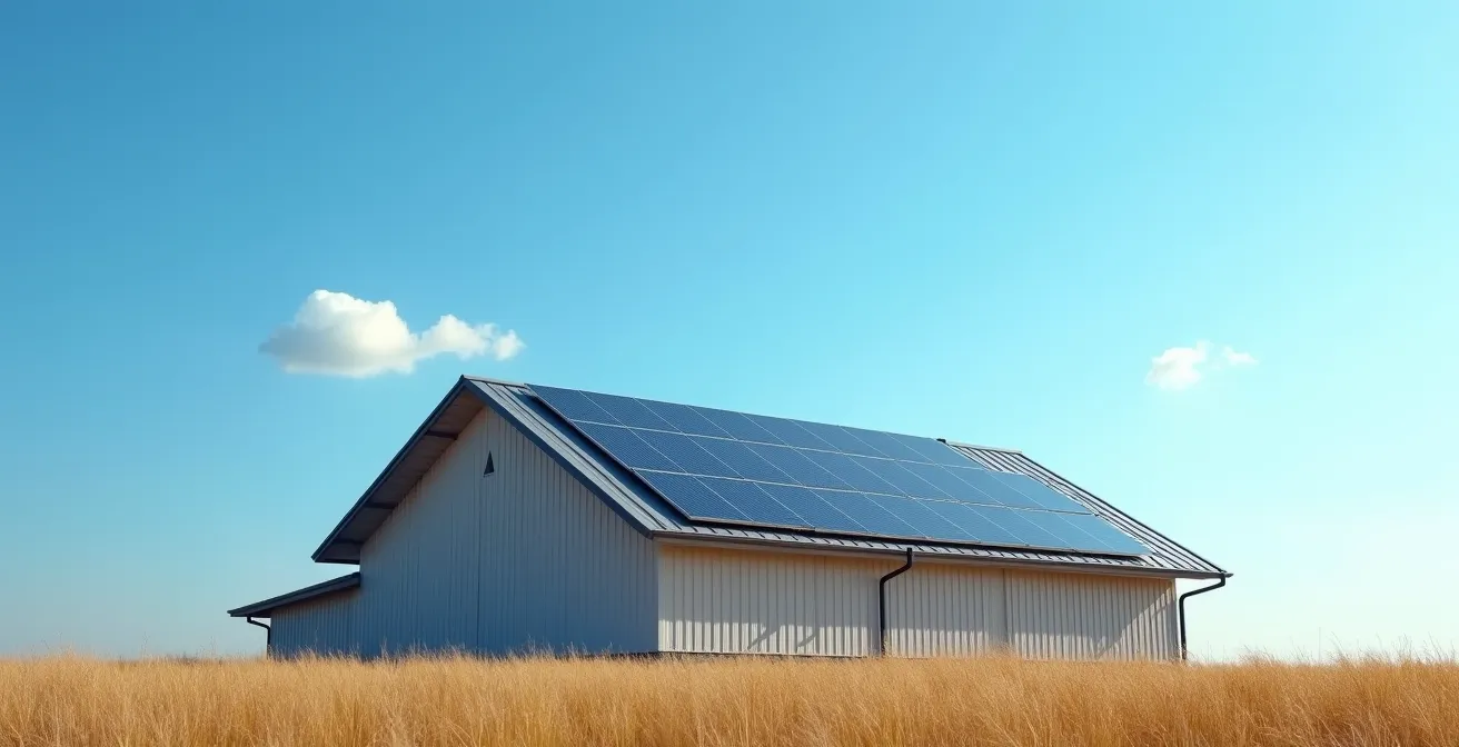 Vue minimaliste d'une grange moderne avec toiture photovoltaïque sous ciel bleu épuré